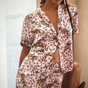 NEW Anthropologie Silky Pajama Top L Pink Animal Print